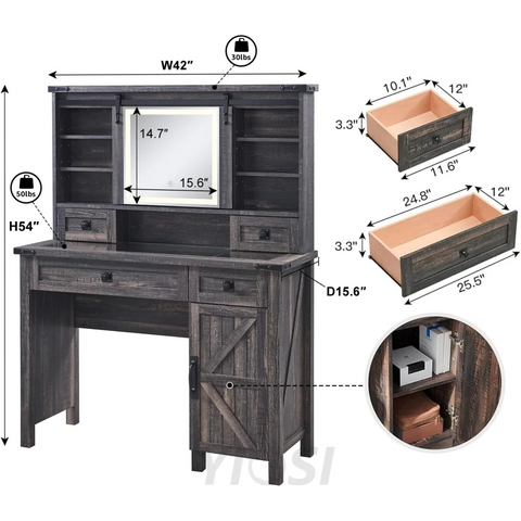 Farmhouse Makeup Vanity Desk with Sliding Mirror and Lights, Rustic Oak