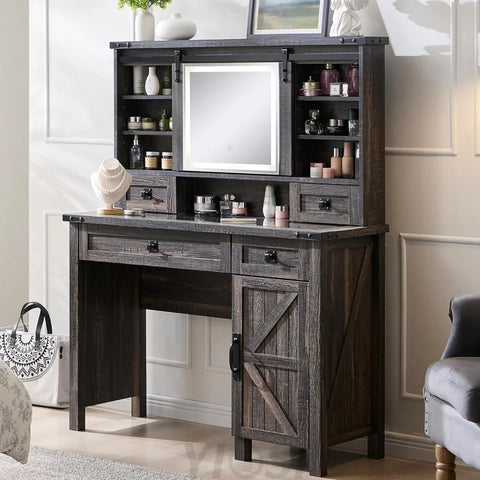 Farmhouse Makeup Vanity Desk with Sliding Mirror and Lights, Rustic Oak