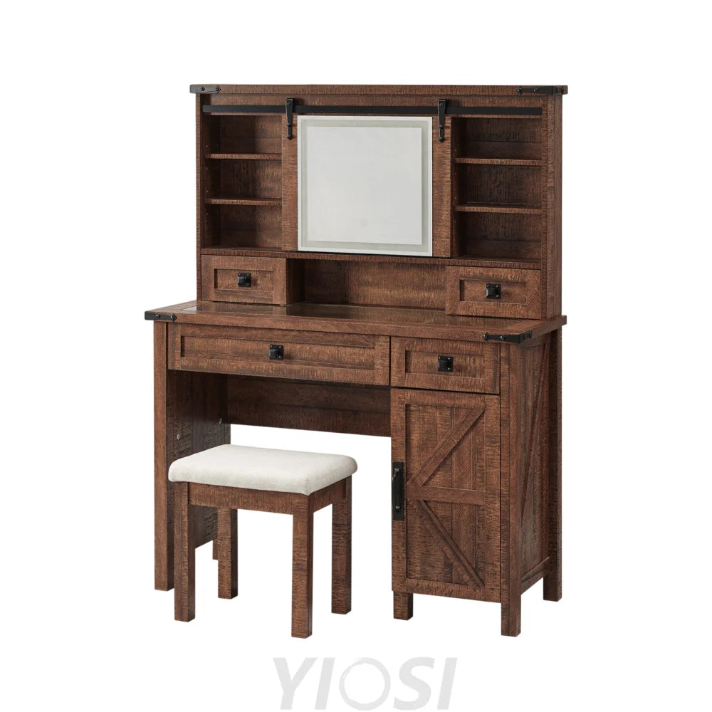 Farmhouse Makeup Vanity Desk with Sliding Mirror and Lights