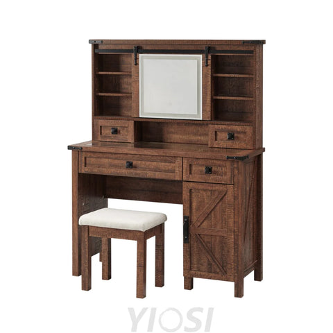 Farmhouse Makeup Vanity Desk with Sliding Mirror and Lights