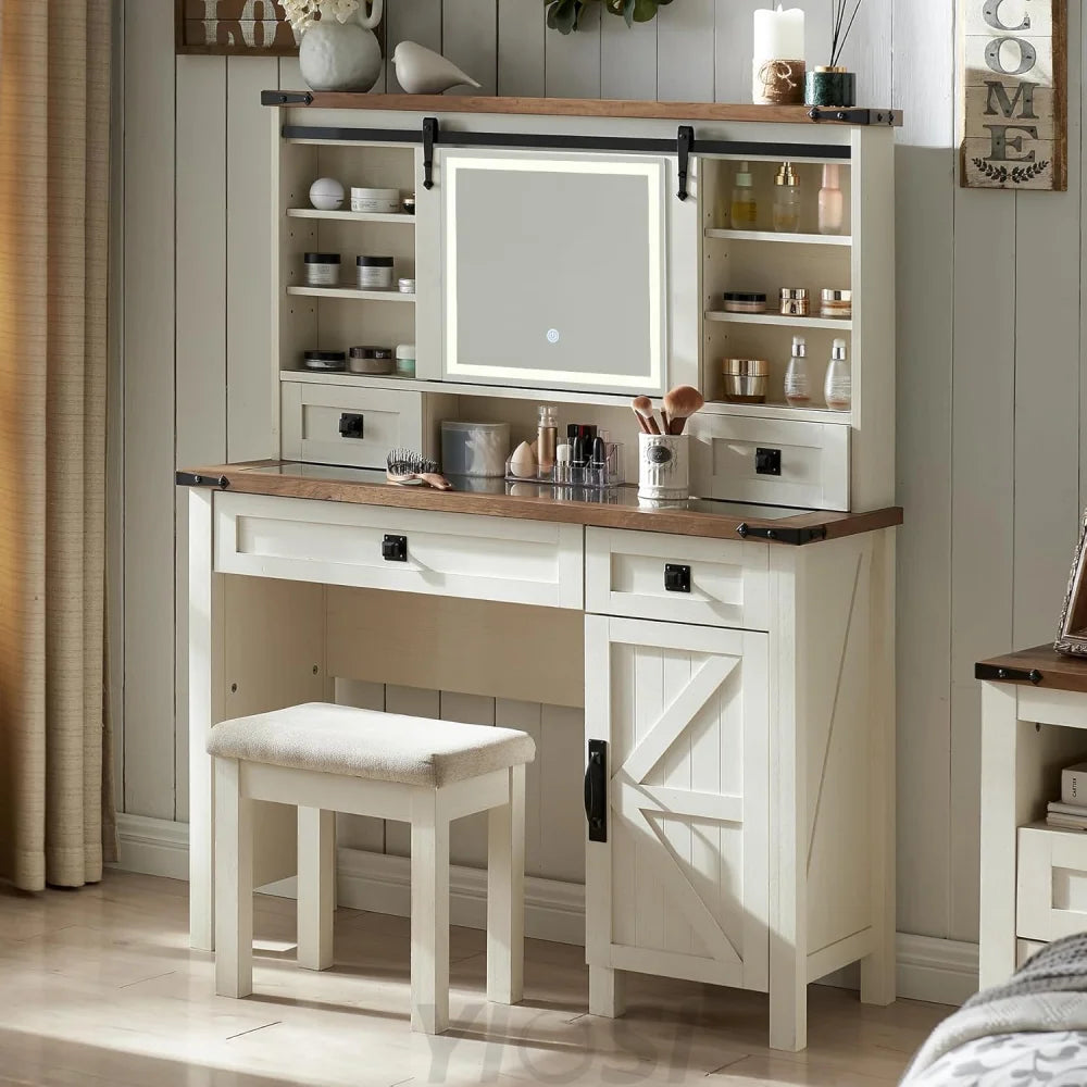 Farmhouse Makeup Vanity Desk with Sliding Mirror and Lights Antique White