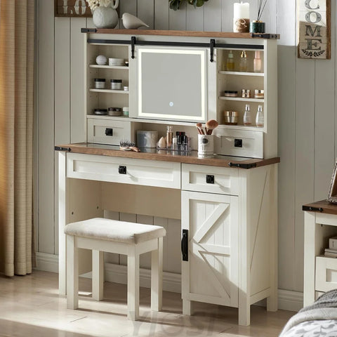 Farmhouse Makeup Vanity Desk with Sliding Mirror and Lights Antique White