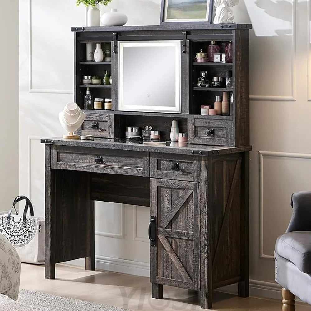 Farmhouse Makeup Vanity Desk with Sliding Mirror and Lights, Rustic Oak