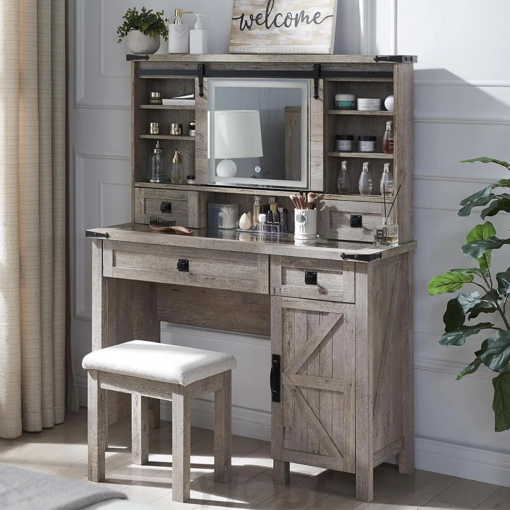 Farmhouse Makeup Vanity Desk with Sliding Mirror and Lights Light Rustic Oak