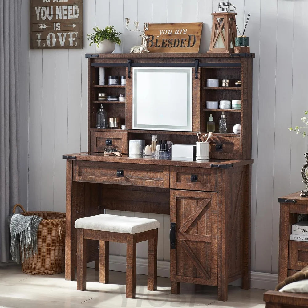 Farmhouse Makeup Vanity Desk with Sliding Mirror and Lights Reclaimed Barnwood