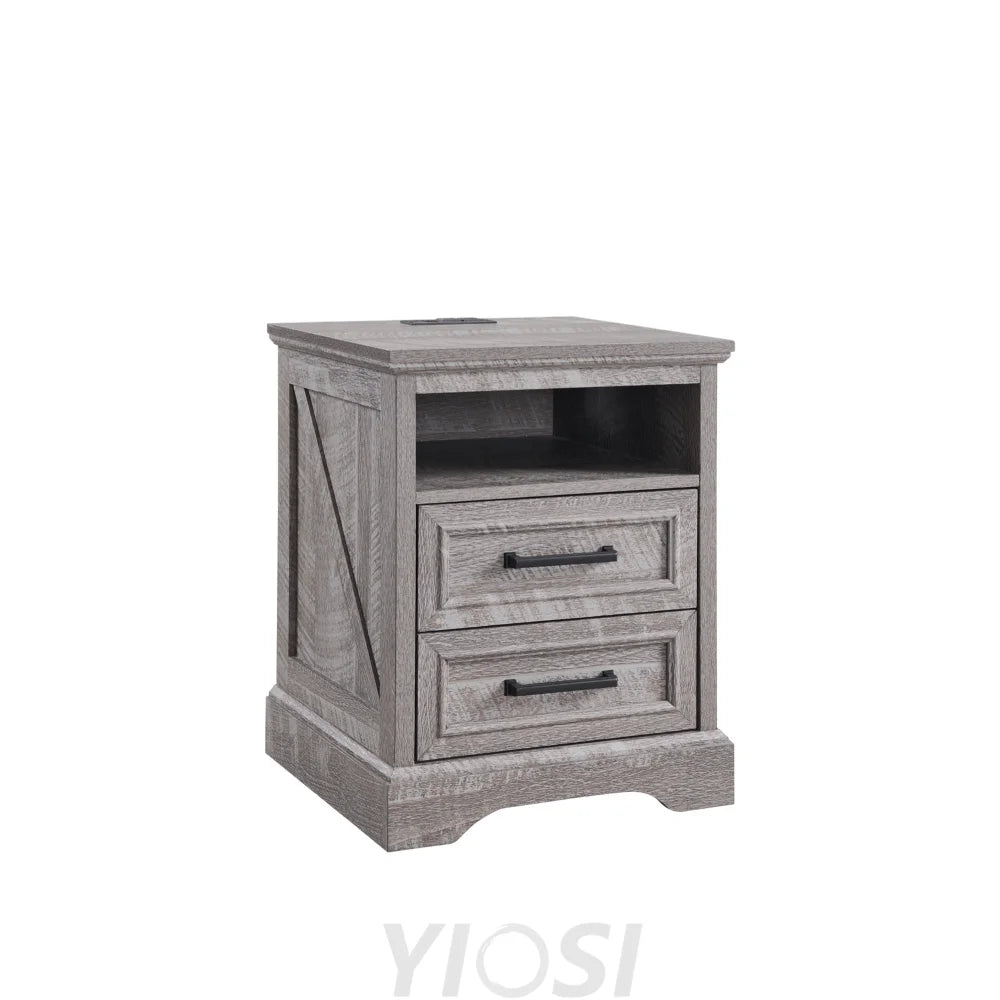 Farmhouse Nightstand with Charging Station - End Table with Drawers 18‘’