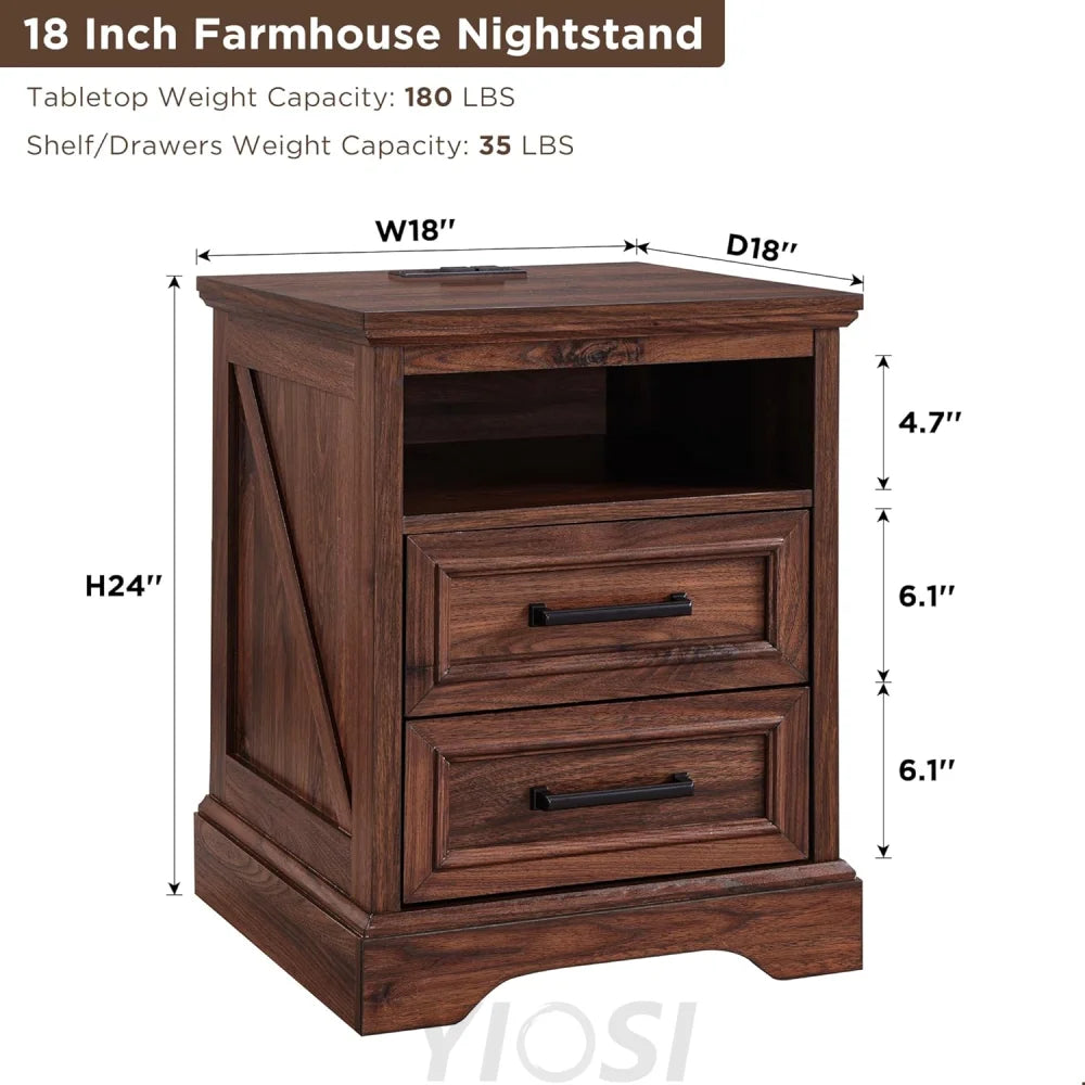 Farmhouse Nightstand with Charging Station - End Table with Drawers