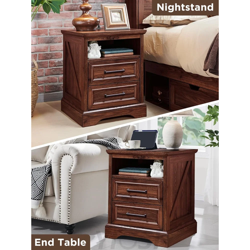 Farmhouse Nightstand with Charging Station - End Table with Drawers