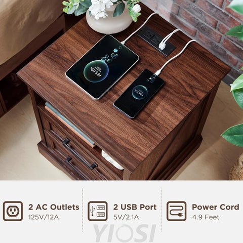 Farmhouse Nightstand with Charging Station - End Table with Drawers