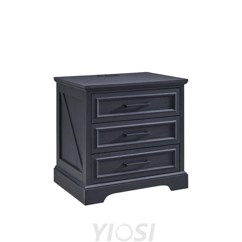 Farmhouse Nightstand with Charging Station Wide End Table Dresser Black 24’’ Black