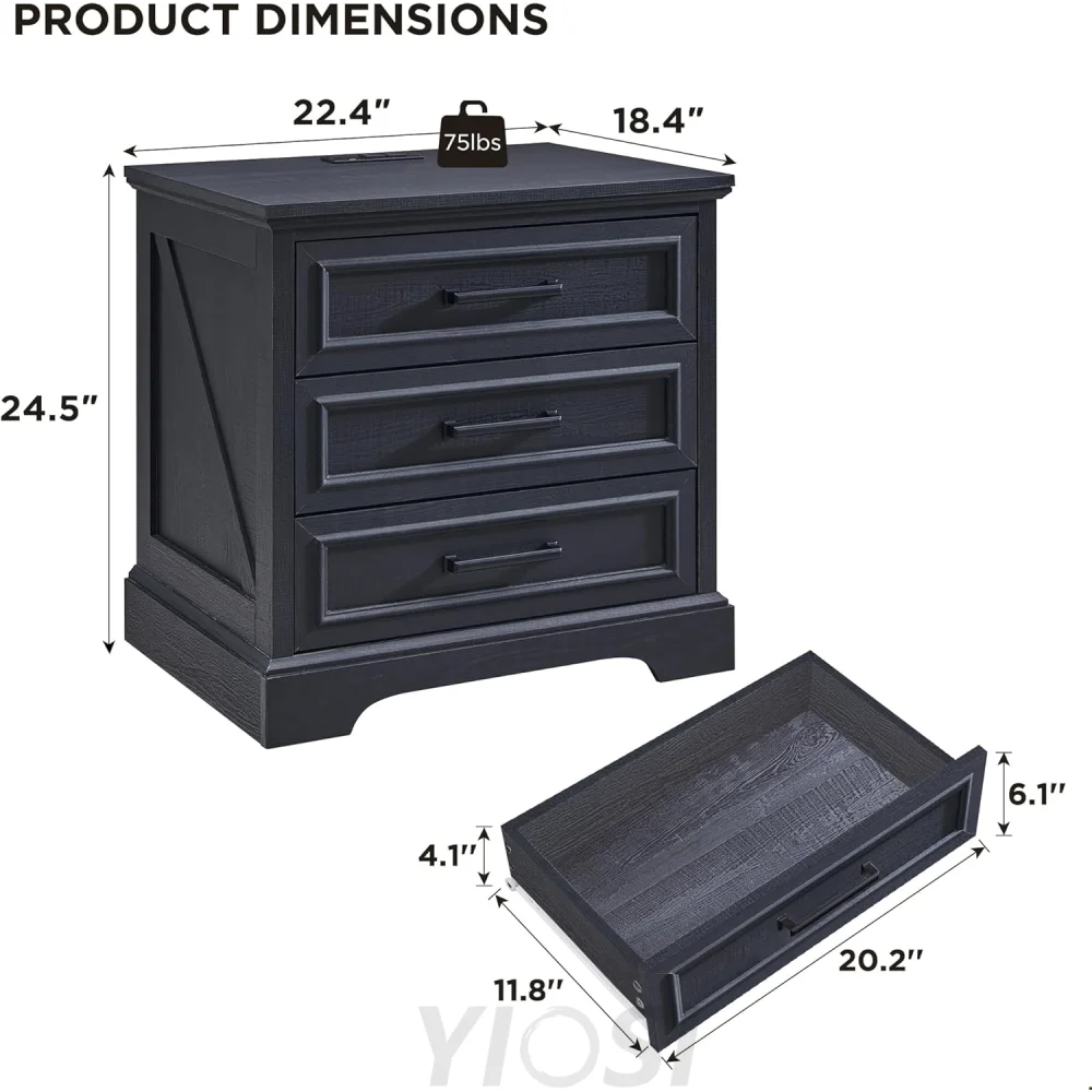 Farmhouse Nightstand with Charging Station Wide End Table Dresser Black