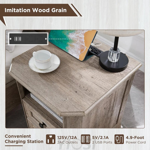 Farmhouse Nightstand with Charging Station Wood End Table Bedside Cabinet