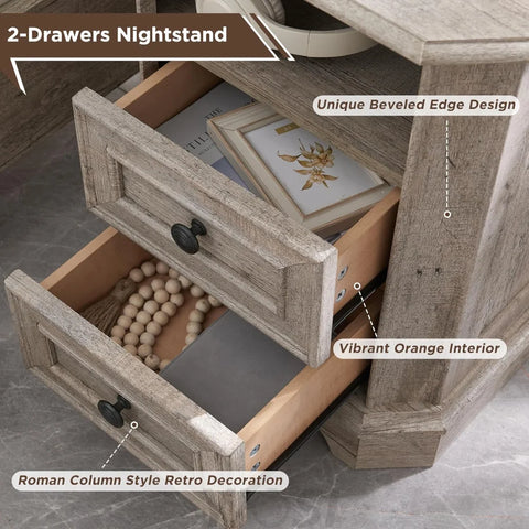 Farmhouse Nightstand with Charging Station Wood End Table Bedside Cabinet