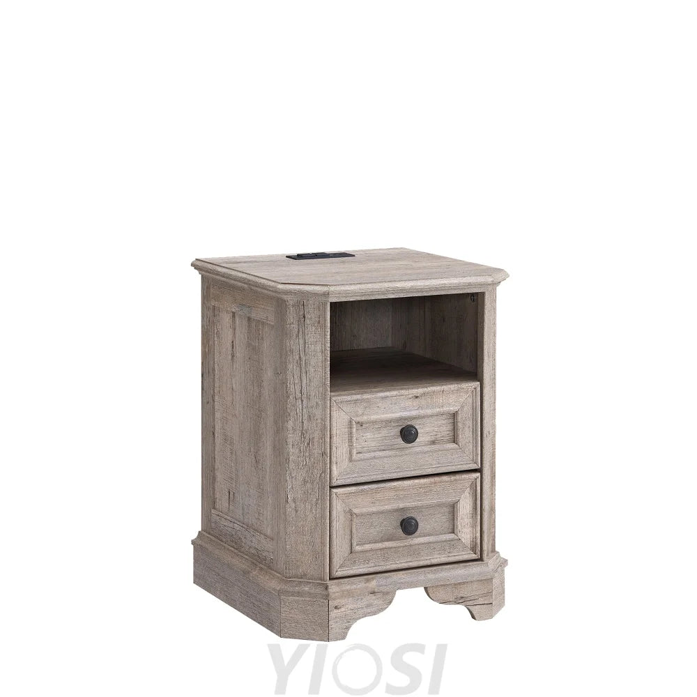 Farmhouse Nightstand with Charging Station Wood End Table Bedside Cabinet Light Rustic Oak / 18’’D x 18’’W x 24’’H (2