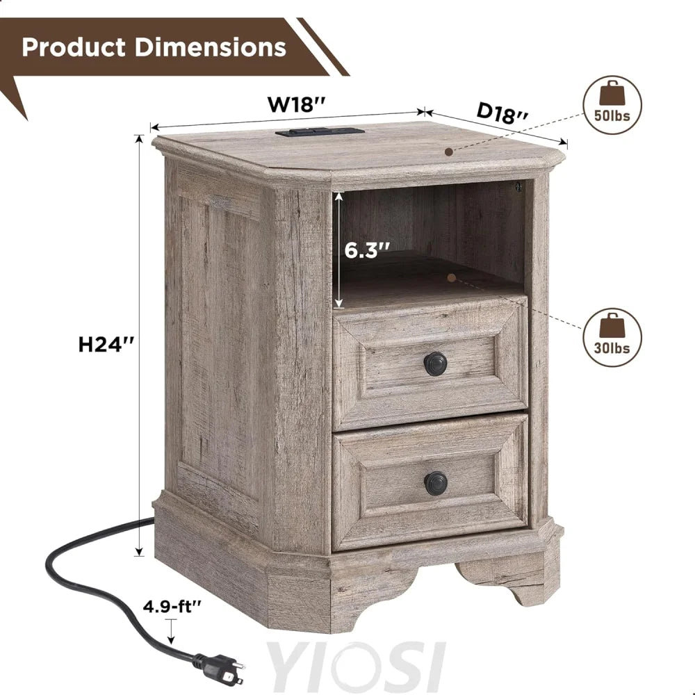 Farmhouse Nightstand with Charging Station Wood End Table Bedside Cabinet