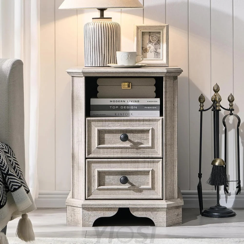 Farmhouse Nightstand with Charging Station Wood End Table Bedside Cabinet