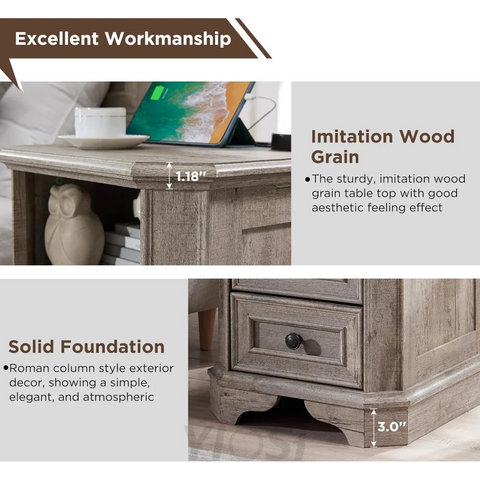 Farmhouse Nightstand with Charging Station Wood End Table Bedside Cabinet