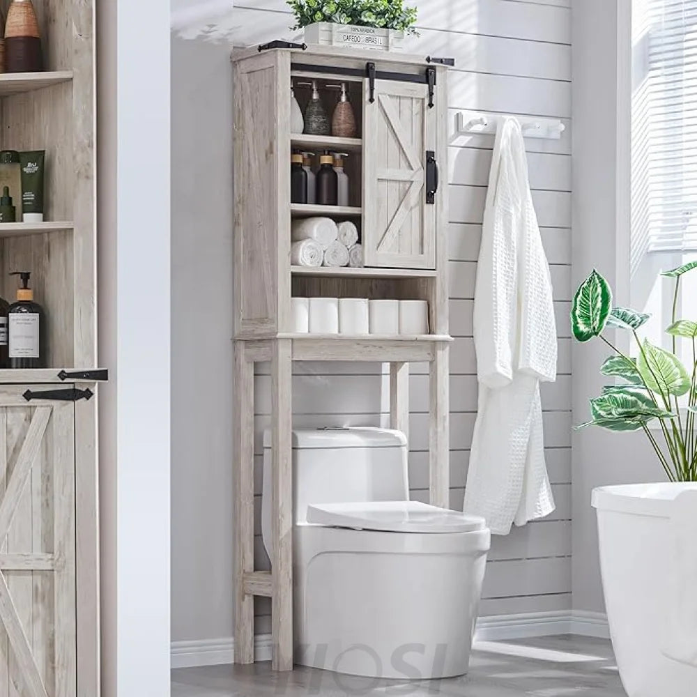 OKD Farmhouse Over The Toilet Storage Cabinet with Sliding Barn Door