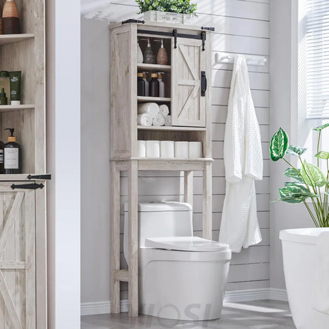 OKD Farmhouse Over The Toilet Storage Cabinet with Sliding Barn Door