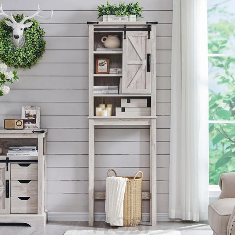 OKD Farmhouse Over The Toilet Storage Cabinet with Sliding Barn Door