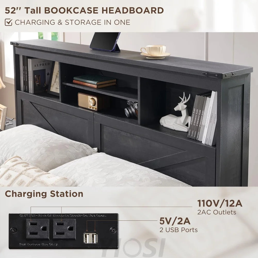 Farmhouse Queen Bed Frame with Headboard, USB Ports and Drawers