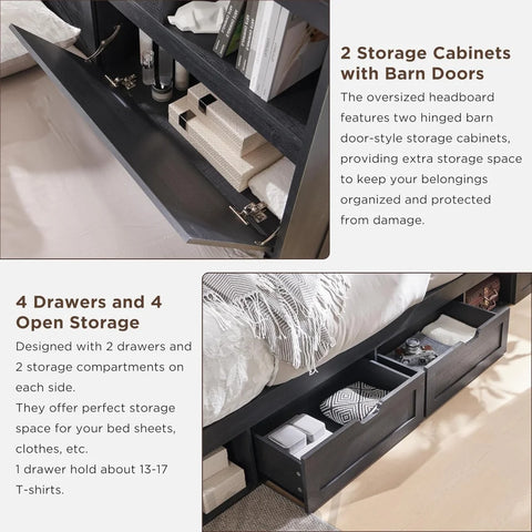Farmhouse Queen Bed Frame with Headboard, USB Ports and Drawers