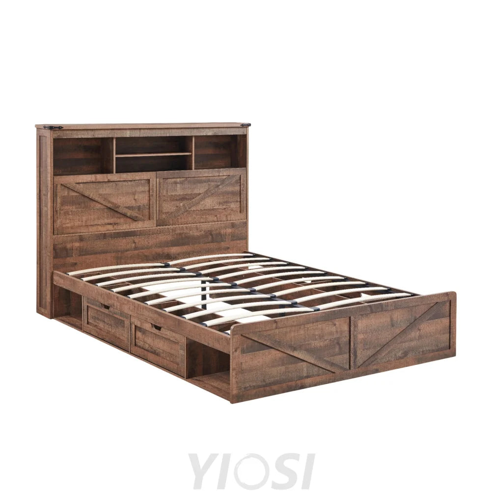 Farmhouse Queen Bed Frame with Headboard USB Ports and Drawers