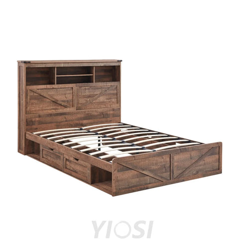 Farmhouse Queen Bed Frame with Headboard USB Ports and Drawers