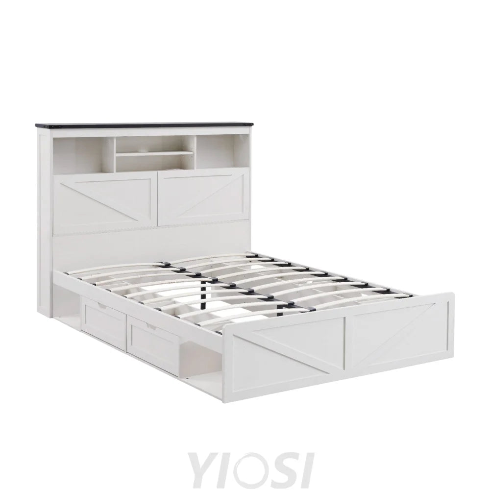 Farmhouse Queen Bed Frame with Headboard USB Ports and Drawers
