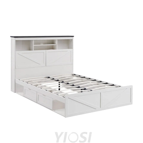 Farmhouse Queen Bed Frame with Headboard USB Ports and Drawers