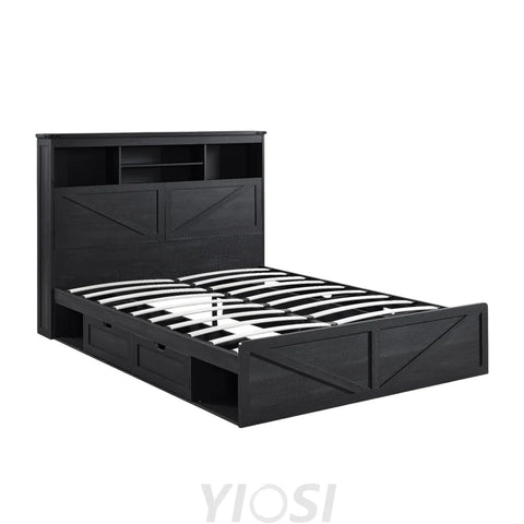 Farmhouse Queen Bed Frame with Headboard USB Ports and Drawers