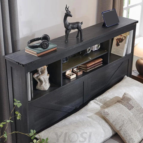 Farmhouse Queen Bed Frame with Headboard, USB Ports and Drawers