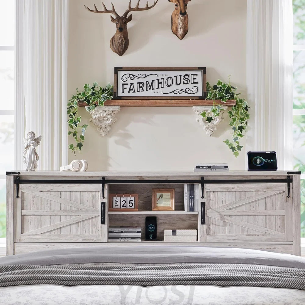 Farmhouse Queen Bed Frame with Storage Headboard, Sliding Barn Door