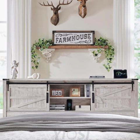 Farmhouse Queen Bed Frame with Storage Headboard, Sliding Barn Door