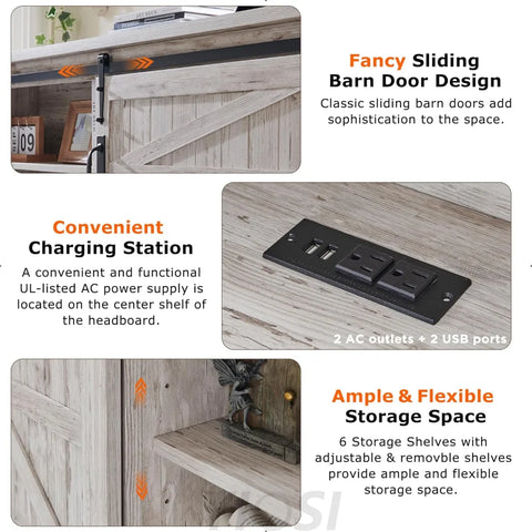 Farmhouse Queen Bed Frame with Storage Headboard, Sliding Barn Door