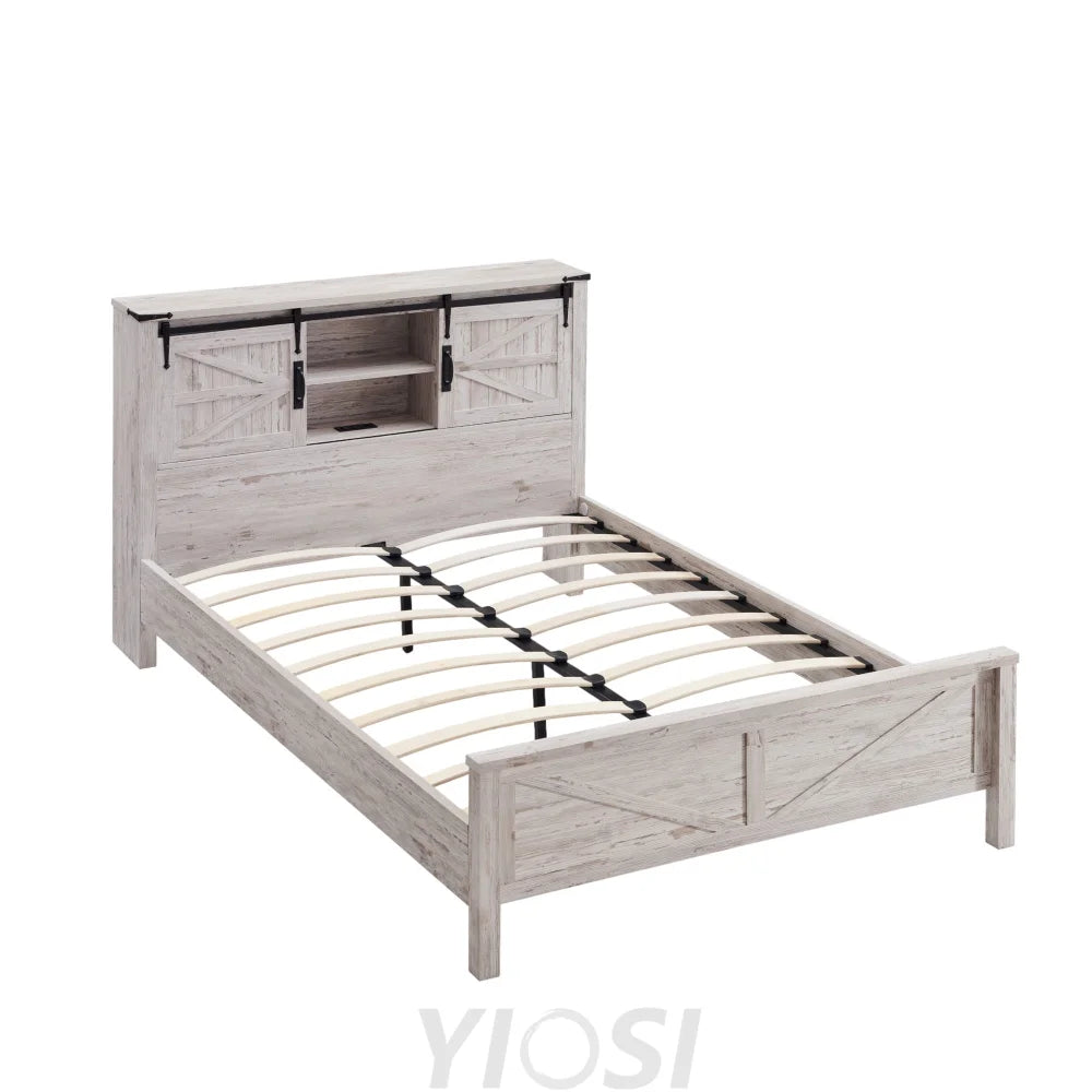 Farmhouse Queen Bed Frame with Storage Headboard Sliding Barn Door