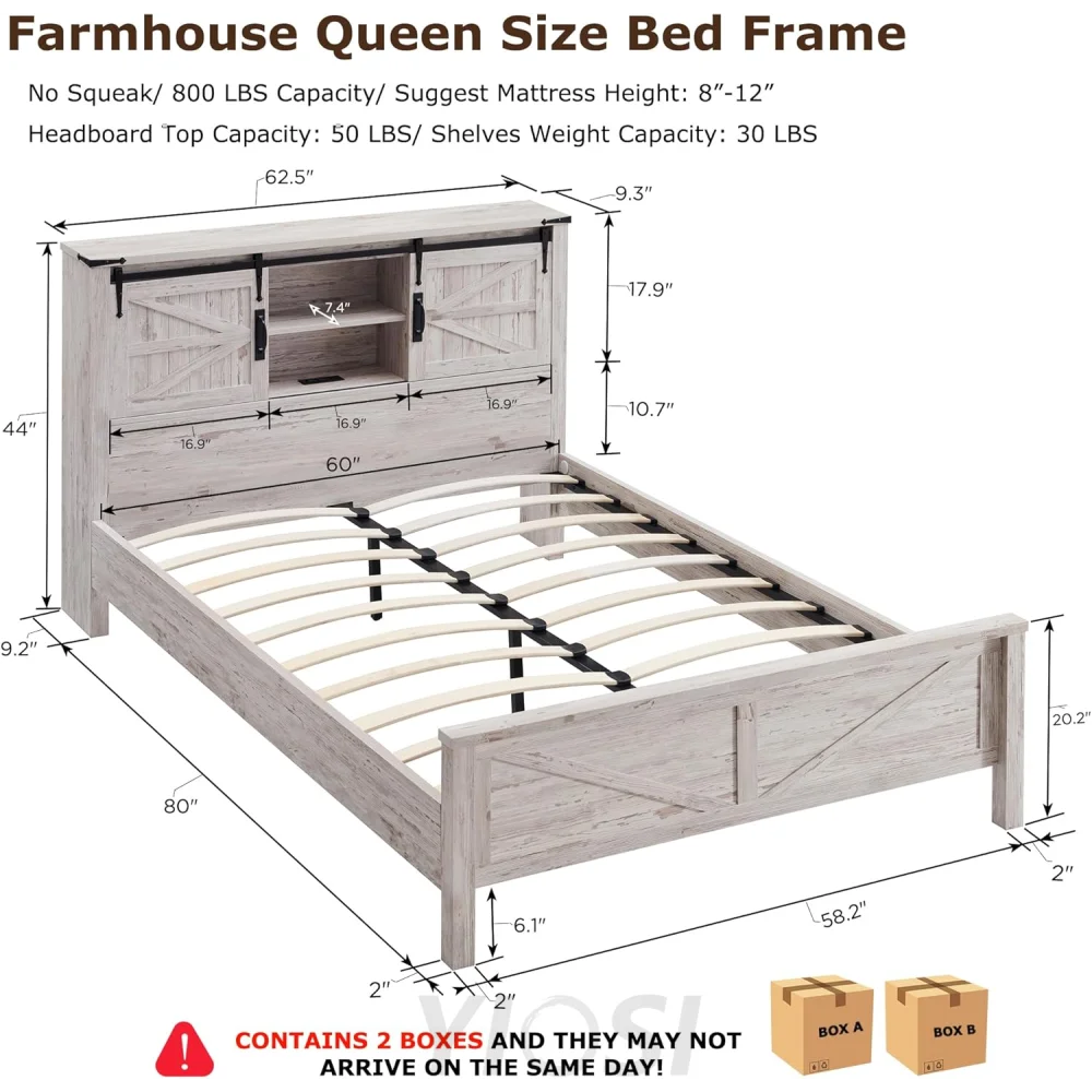 Farmhouse Queen Bed Frame with Storage Headboard, Sliding Barn Door