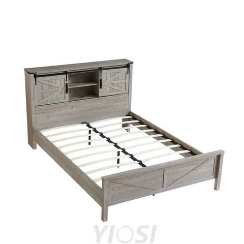 Farmhouse Queen Bed Frame with Storage Headboard Sliding Barn Door