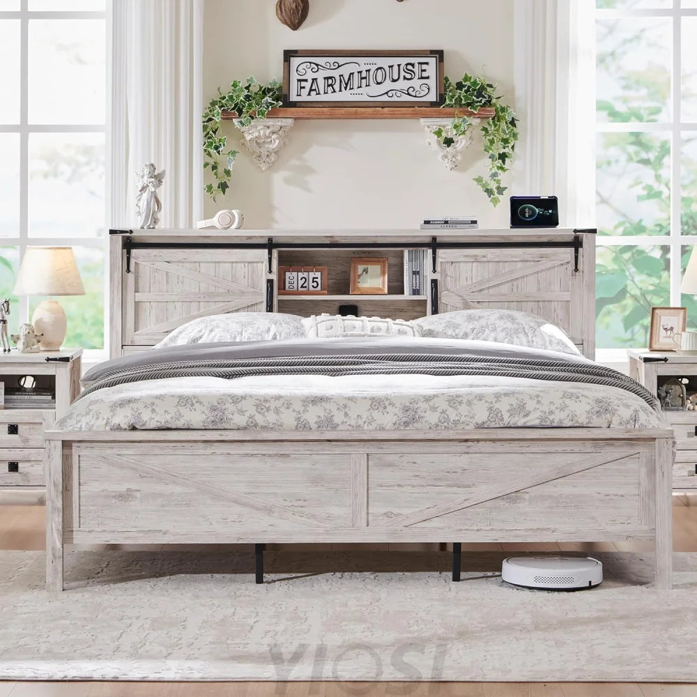 Farmhouse Queen Bed Frame with Storage Headboard, Sliding Barn Door