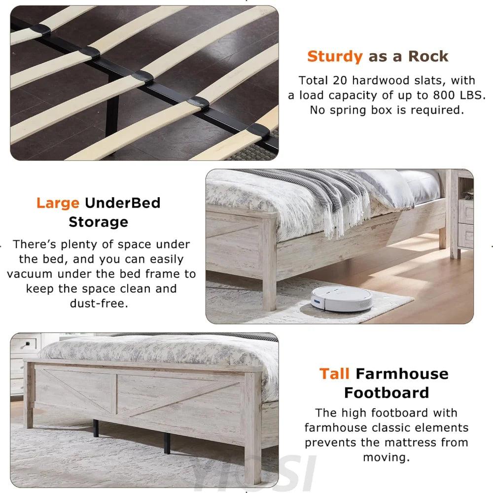 Farmhouse Queen Bed Frame with Storage Headboard, Sliding Barn Door