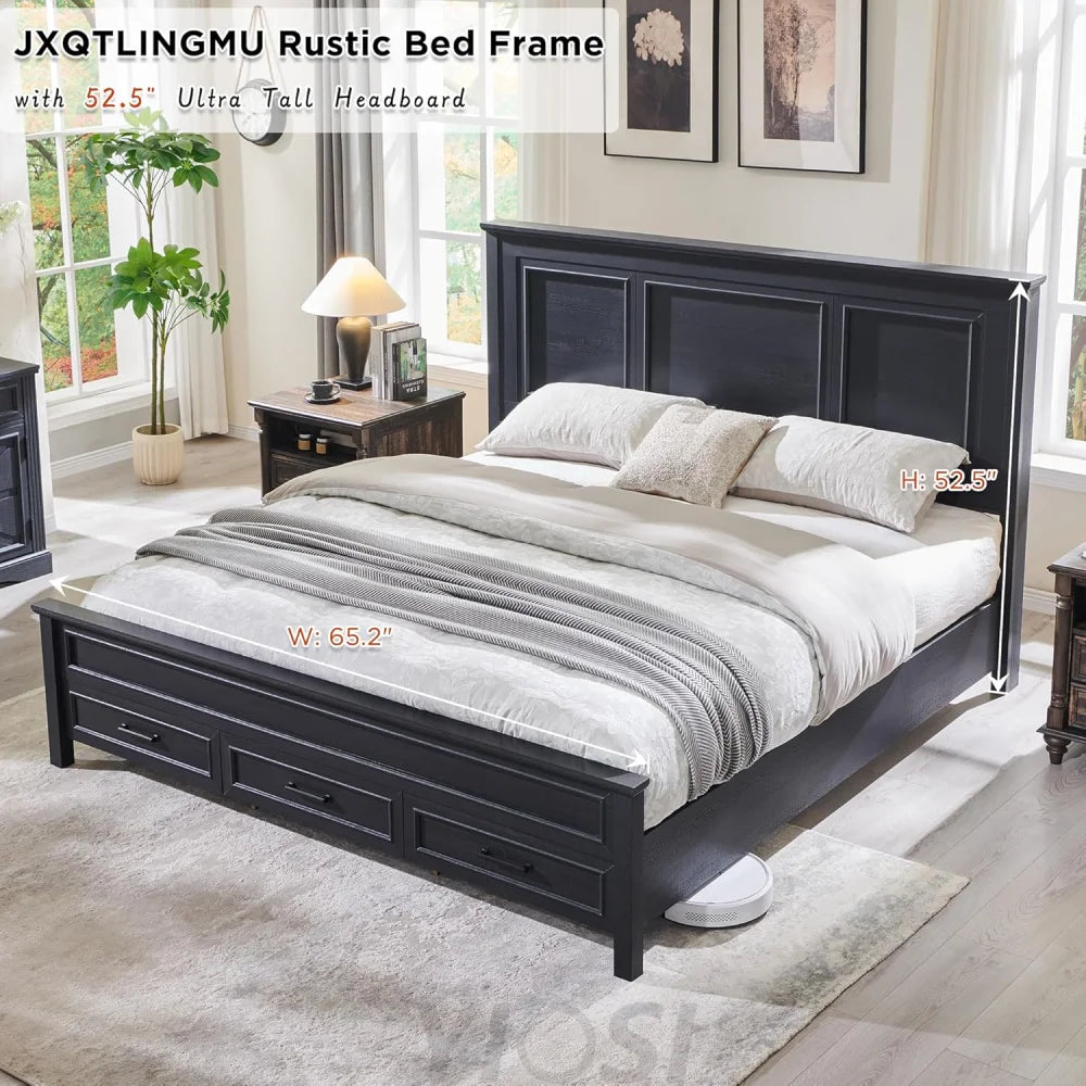 Farmhouse Queen Wooden Bed Frame with Storage, 52" Headboard