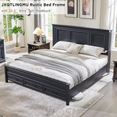 Farmhouse Queen Wooden Bed Frame with Storage, 52" Headboard