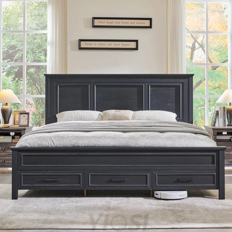 Farmhouse Queen Wooden Bed Frame with Storage, 52" Headboard
