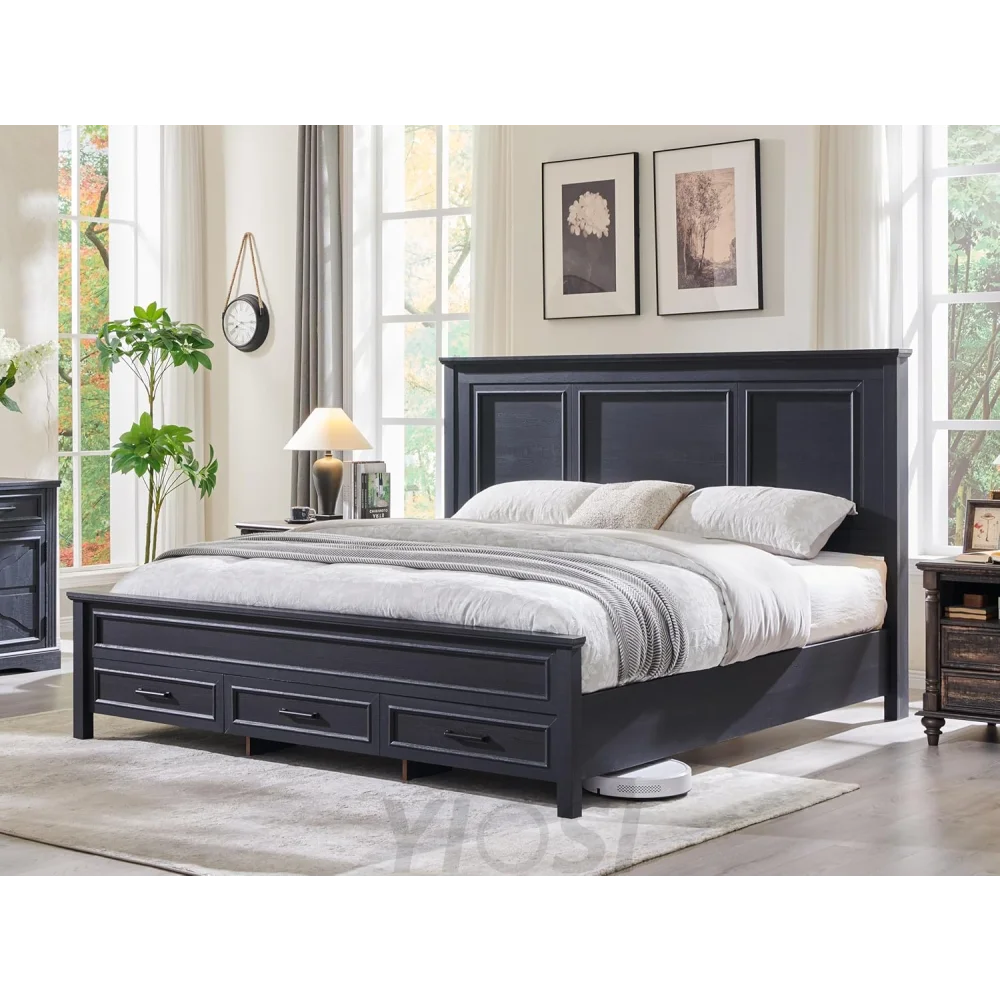 Farmhouse Queen Wooden Bed Frame with Storage, 52" Headboard