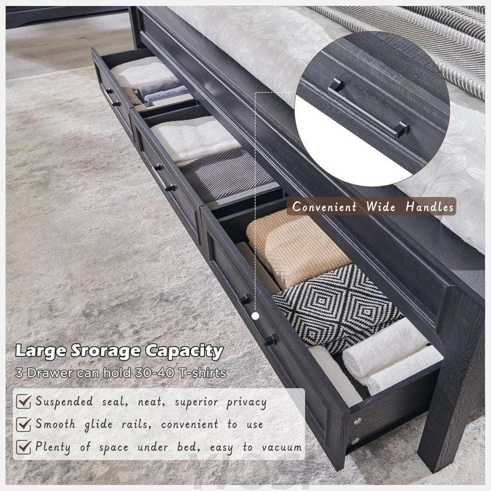 Farmhouse Queen Wooden Bed Frame with Storage, 52" Headboard