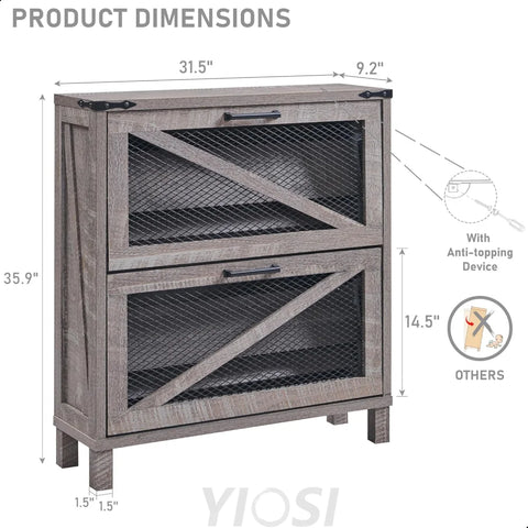Farmhouse Grey Shoe Cabinet with Flip Drawers and Mesh Doors