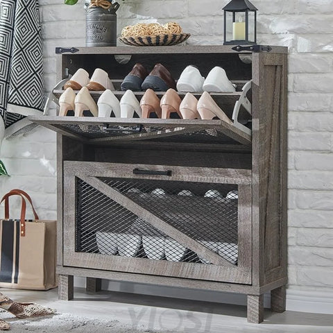 Farmhouse Grey Shoe Cabinet with Flip Drawers and Mesh Doors