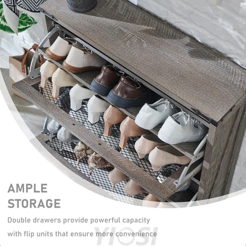 Farmhouse Grey Shoe Cabinet with Flip Drawers and Mesh Doors