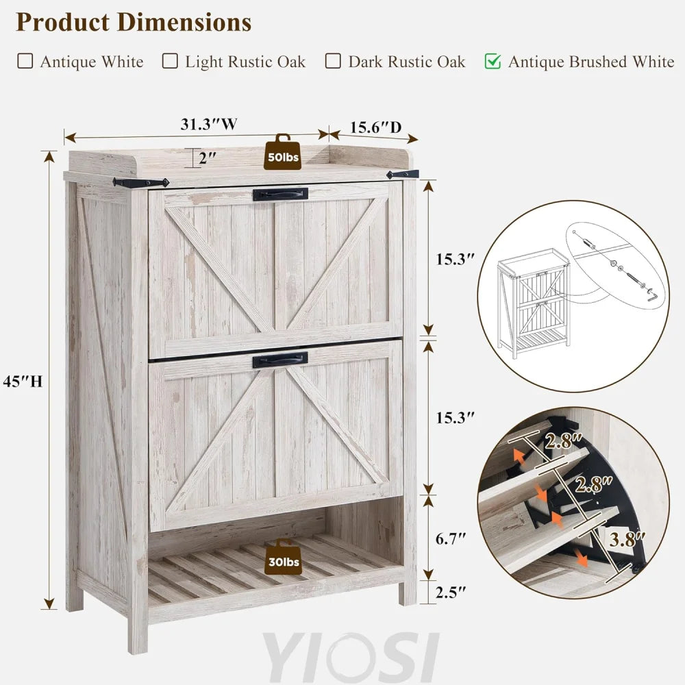 OKD Farmhouse Shoe Storage Cabinet: 2 Flip Drawers, Rustic White