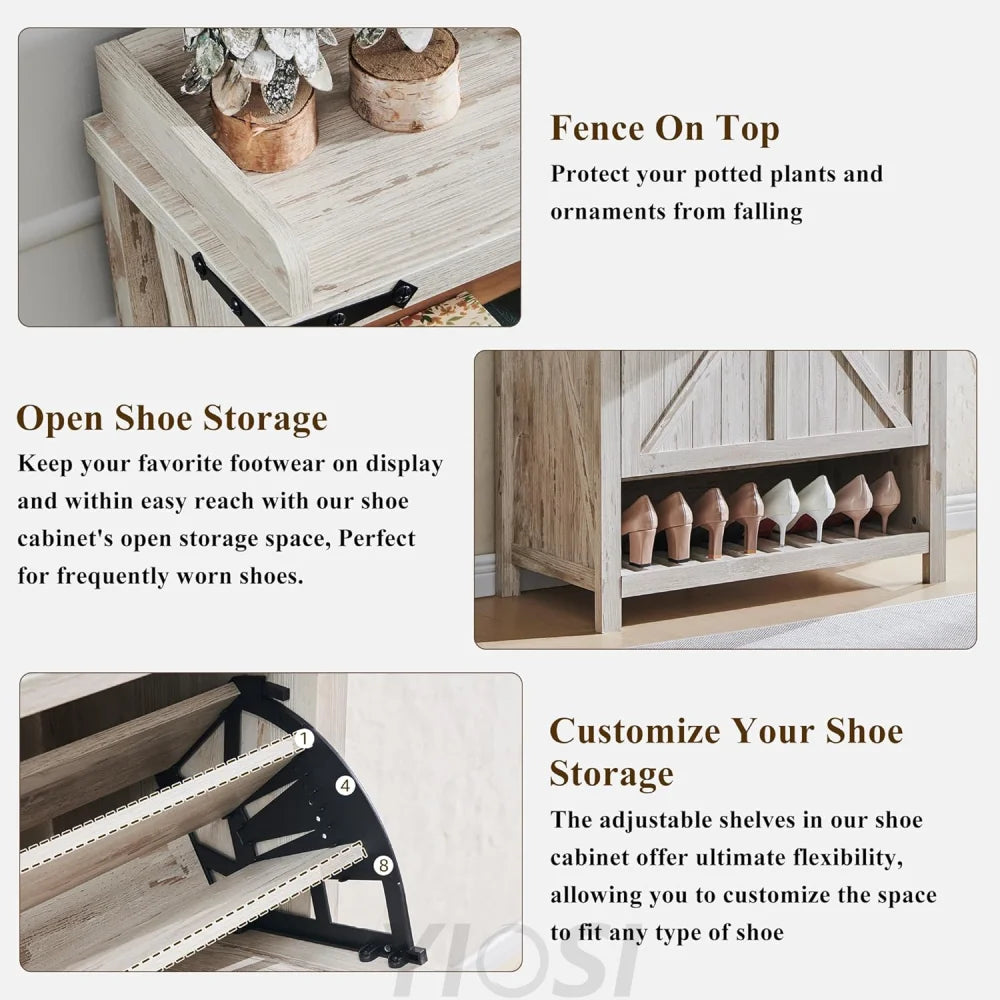 OKD Farmhouse Shoe Storage Cabinet: 2 Flip Drawers, Rustic White